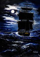 Zeilschip. Nacht op zee.
