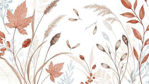 Herfstoogst: aquarel esdoornbladeren en rustieke weidegrassen