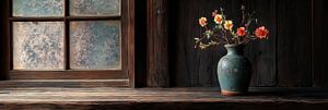Stillleben Japanische Vase mit hellen Blumen in dunklem Innenpanorama
