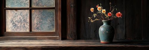 Stilleven Japanse vaas met felle bloemen in donker interieur panorama