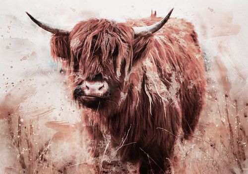 MadameRuiz over Schilderij van Schotse hooglander uitgevoerd in horizontaal aquarel met aardekleuren