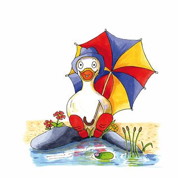 Cartoon van vrolijke eend zittend aan het water van Ivonne Wierink