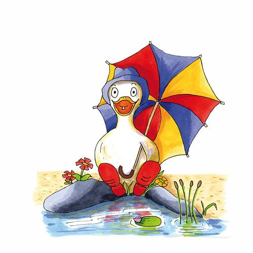 Cartoon van vrolijke eend zittend aan het water