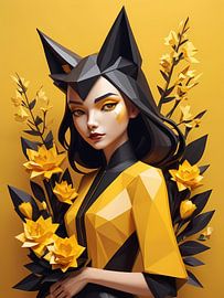 Low poly floral fox girl, schwarz und gelb von 1xMerch