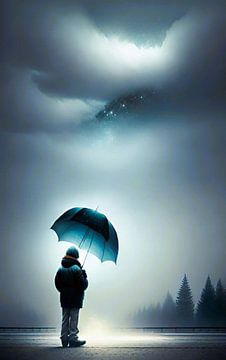 Blauwe paraplu in regen en mist van Gert-Jan Siesling