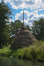 Traditioneller Heuhaufen mit Holzstange in ländlicher Sommerlandschaft