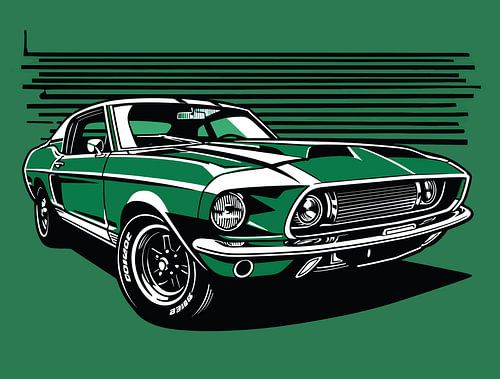 Retro groen muscle car zijportret in popartstijl