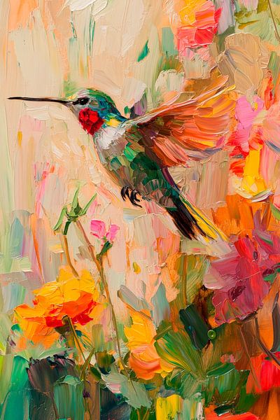 Kolibri im bunten Blumenfeld – Malerisch von Poster Art Shop