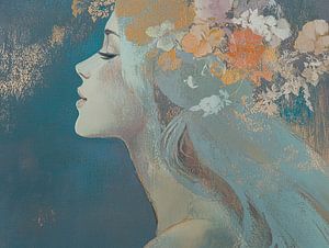 Stille Frau und Blumen im Haar
