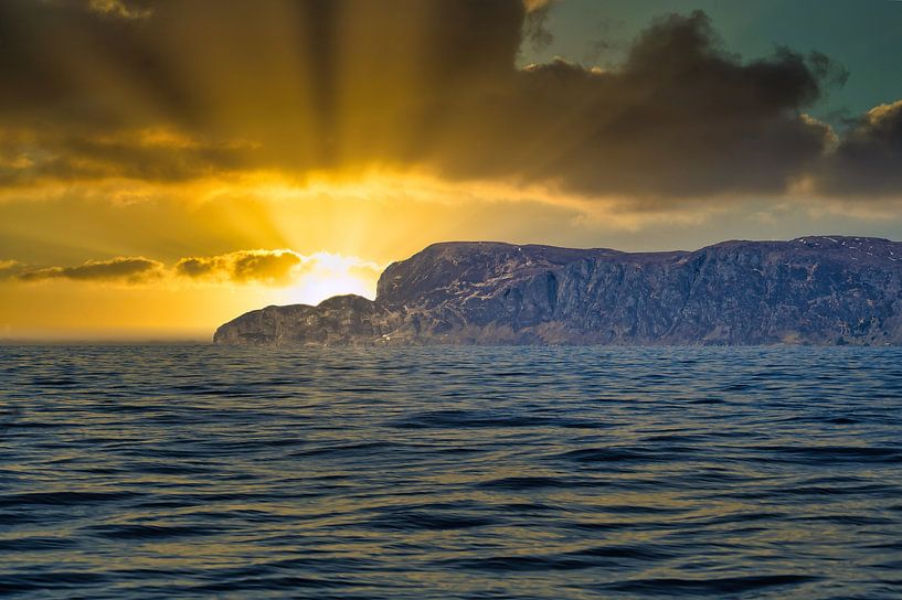 Western Cape in Norway. Fjord and sea at sunset and Bergen on the coast by Martin Köbsch