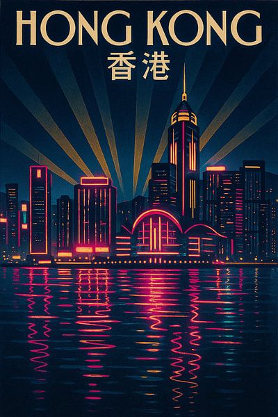 Hongkong Art Deco Poster - Rote Neon Skyline &amp; Kongresszentrum von Travel Shop