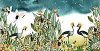 Cranes with tropical plants, botanical and illustrative