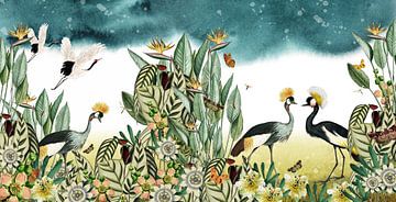Kraniche mit tropischen Pflanzen, botanisch und illustrativ von Studio POPPY