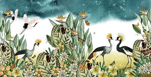 Kraanvogels met tropische planten, botanisch en illustratief