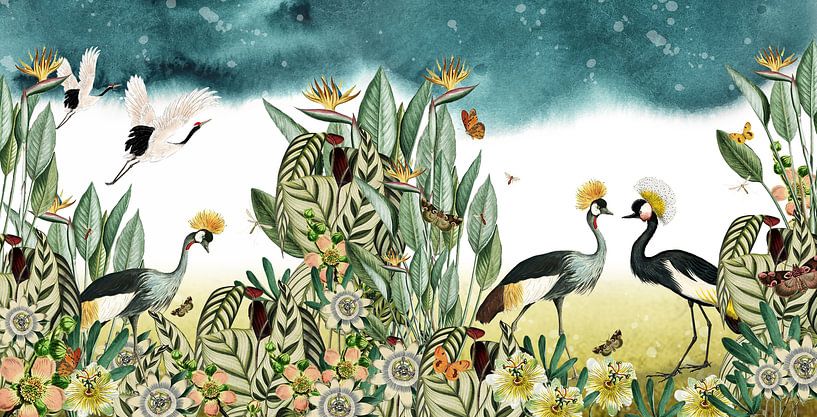 Grues aux plantes tropicales, botanique et illustrative par Studio POPPY