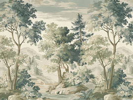 Vintage wandtapijt met een boslandschap in saliegroen van Gentle Echoes