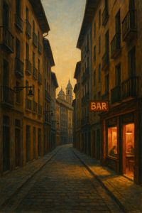 Pamplona in der Abenddämmerung - Ruhige Straße und warmes Café-Licht