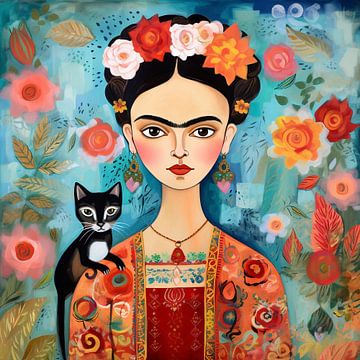Frida flowers and cat by Bianca ter Riet