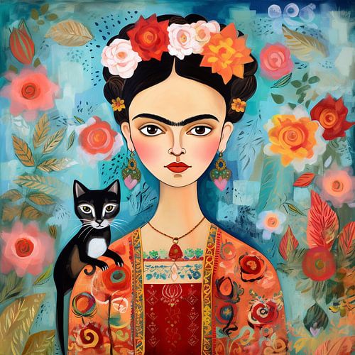 Frida fleurs et chat