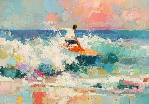 Een surfer op een kleurrijke golf bij zonsondergang van Niklas Maximilian
