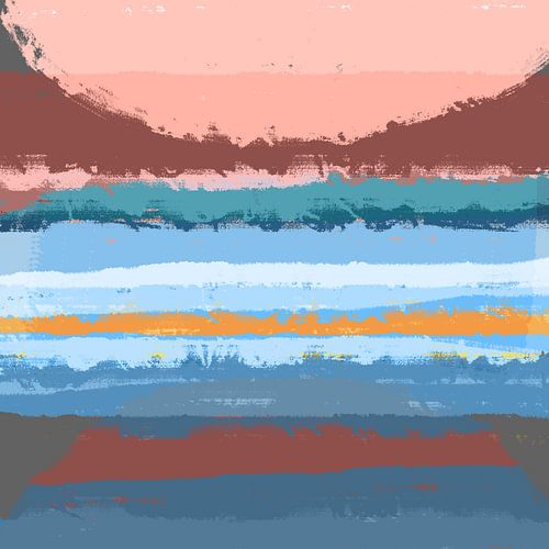 Moderne abstracte kunst in heldere pastelkleuren. Zonsopgang in blauw, roze en geel.