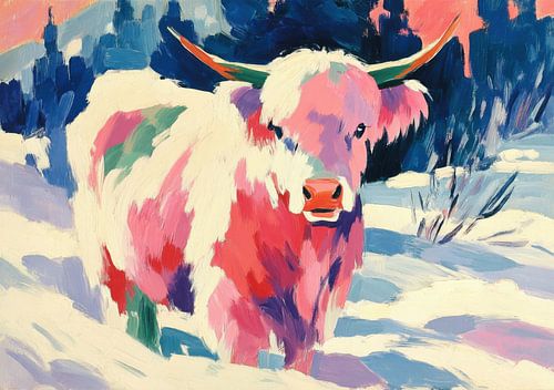 Kleurrijke Highland-koe in de winterse sneeuw