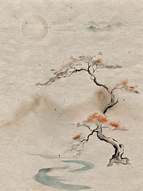 Minimalistischer Japandi-Stil: Ein jahrhundertealter Bonsai im Mondlicht