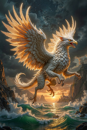 Fantasy Gothic Wall Art: SKYRALION - The Flying Griffin Above the Sea