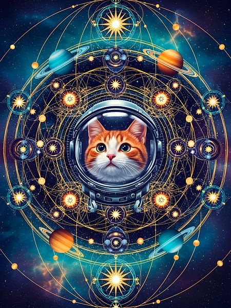 Le chat astronaute cosmique : un voyage complexe à travers les orbites célestes et les étoiles. par HASANUL FAUZIE