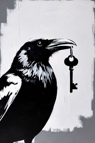 Corbeau avec clé en noir et blanc par Imperial Art House