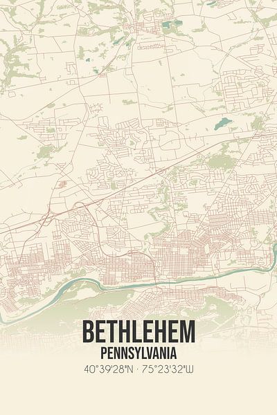 Carte ancienne de Bethlehem (Pennsylvanie), USA. par Affiches de lieux