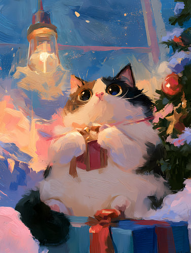 Curious Christmas Cat with Gift