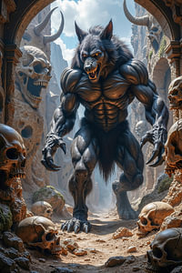 Dark Fantasy Art Wandbild: VARGHULION - Der Werwolf in den Ruinen der Schädel