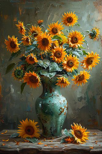 Classic still life with sunflowers in a ceramic vase