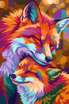 Affiche métallique : illustration pop art WPAP romantique représentant une mère renarde et son fils