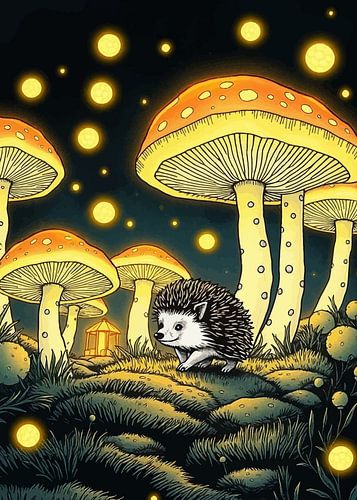 Egel onder gigantische neon paddenstoelen - Gloedvolle nachtfantasie