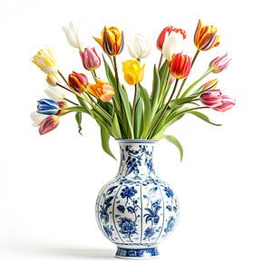 Vase bleu Delft avec bouquet de tulipes mixtes - nature morte sur Vlindertuin Art