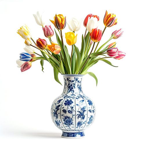 Delft blue vase with mixed tulip bouquet - still life