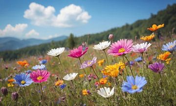 Een bloemenveld met een blauwe lucht op de achtergrond
