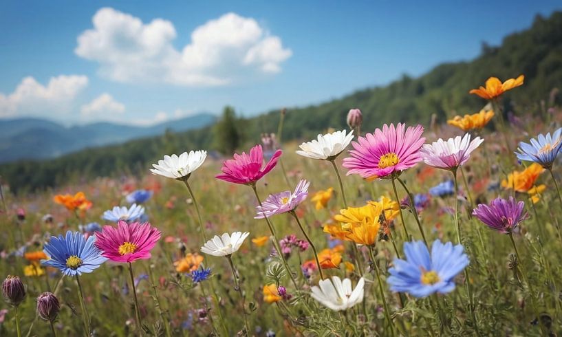 Een bloemenveld met een blauwe lucht op de achtergrond van 1xMerch