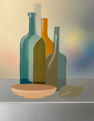 Tableau peint représentant une nature morte harmonieuse avec des bouteilles abstraites, sous forme de reproduction artistique sur toile