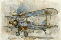 Gedetailleerde tekening van een vintage tweedekker vliegtuig - 