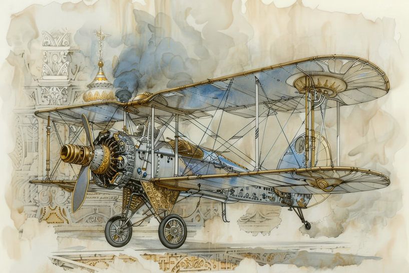 Detailed drawing of a vintage biplane -  by Peter Pen Drawings and Paintings