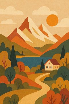 Swiss landscape Boho style illustration.