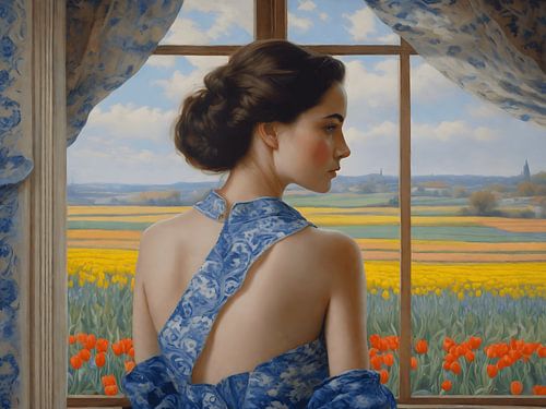 Een portret van een dame in een delfts blauw jurk