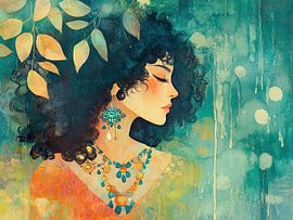 Green Blue Dream | Dreaming Woman by Eye catching paintings