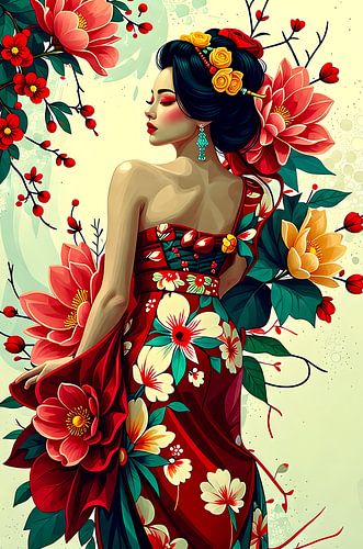 Geisha oriental woman with flowers