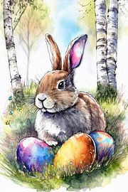 Easter bunny with colourful Easter eggs in the grass with birch trees by Jörg B. Schubert