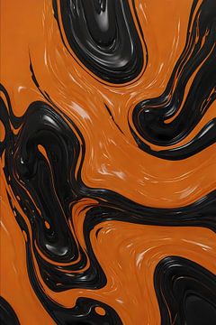 Art abstrait dynamique orange et noir sur De Muurdecoratie