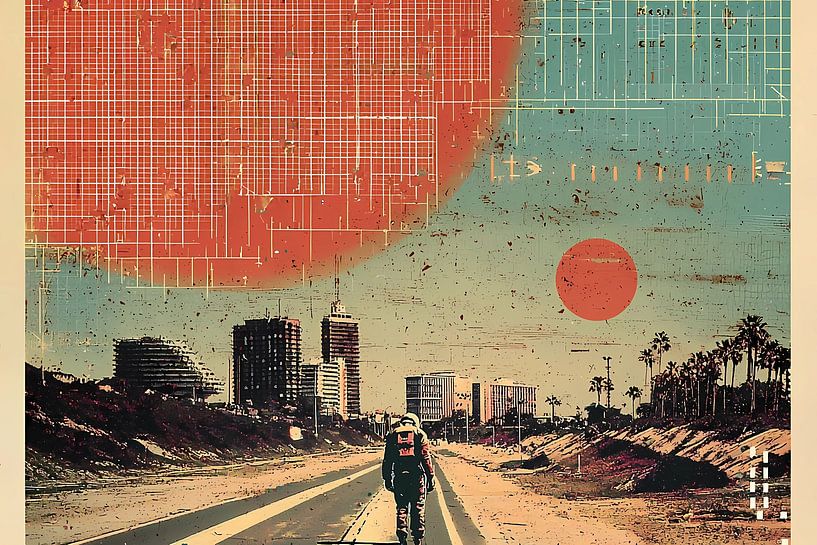 Stylish retro poster with graphic elements and dots. Evening city. by Ariadna de Raadt-Goldberg